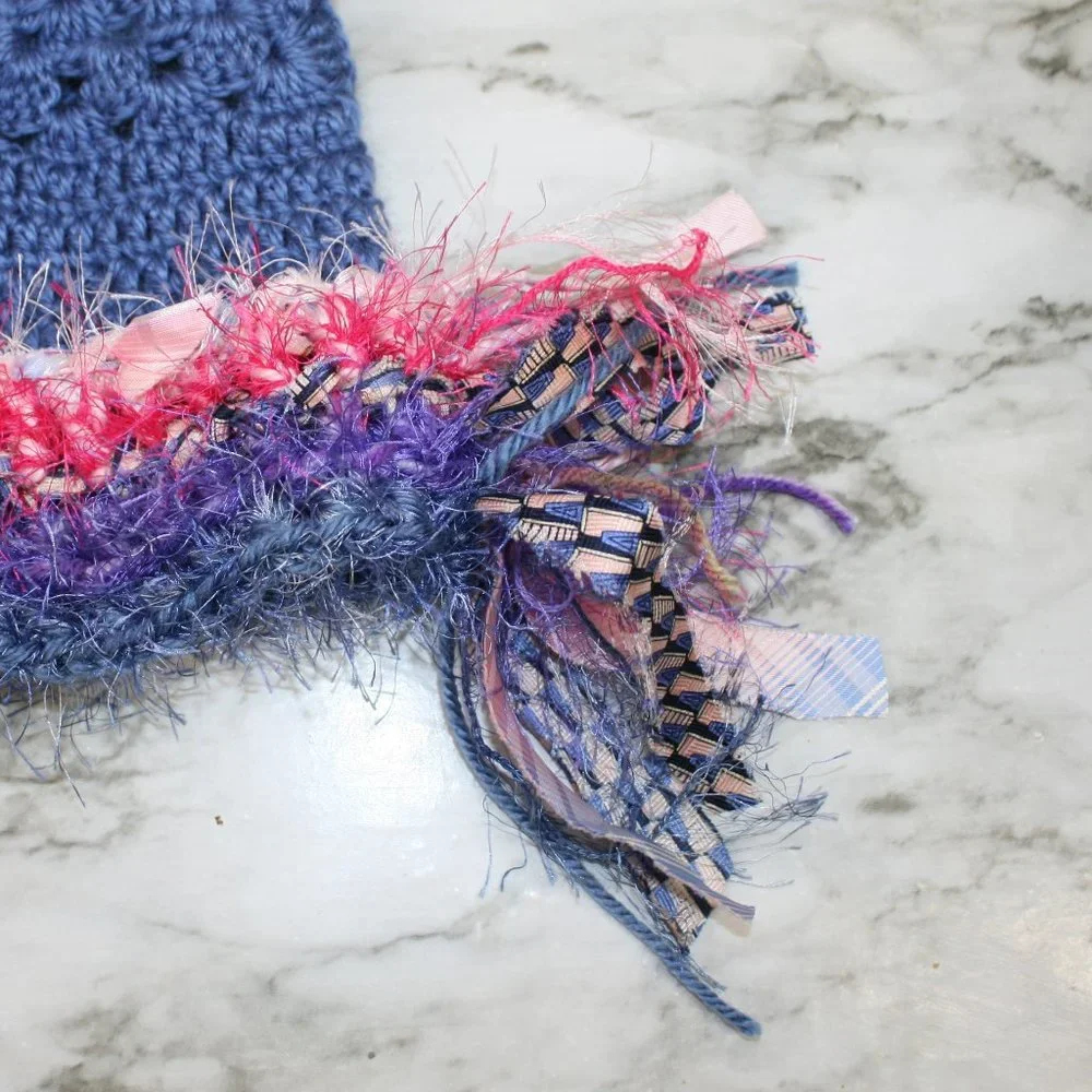 HAND CRAFTED Gloves Fingerless Crochet Upcycled Necktie Trim Barbiecore Blue